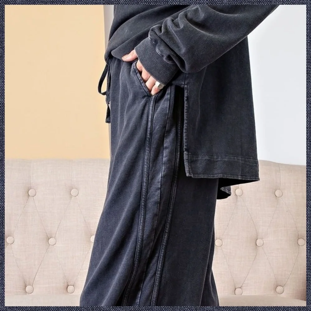 EASEL "So Comfy" Mineral Washed Pants Cotton Terry Side Leg Detail Elastic Waist - Picture 4 of 16